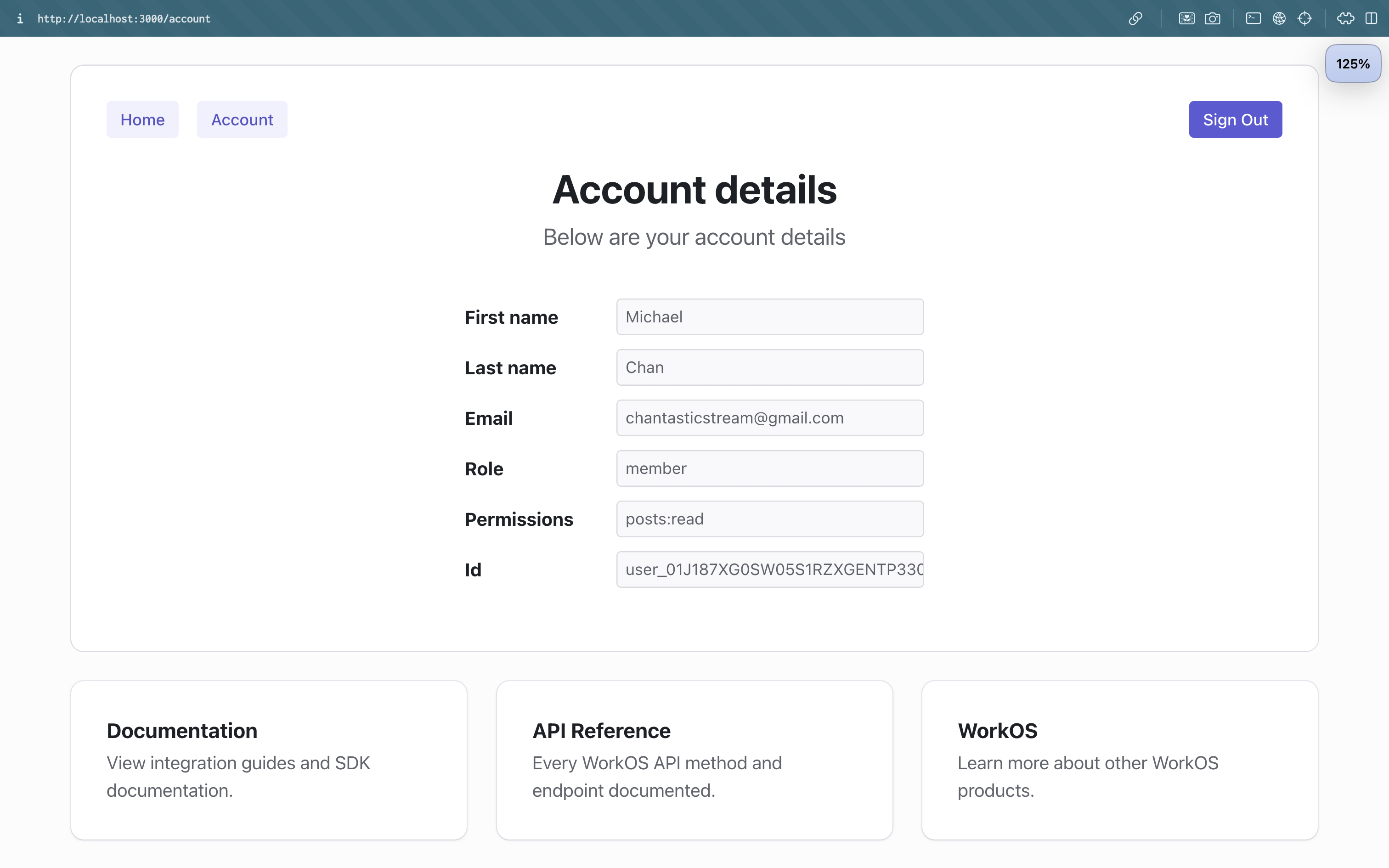 Permissions shown in next-authkit-example app account page.