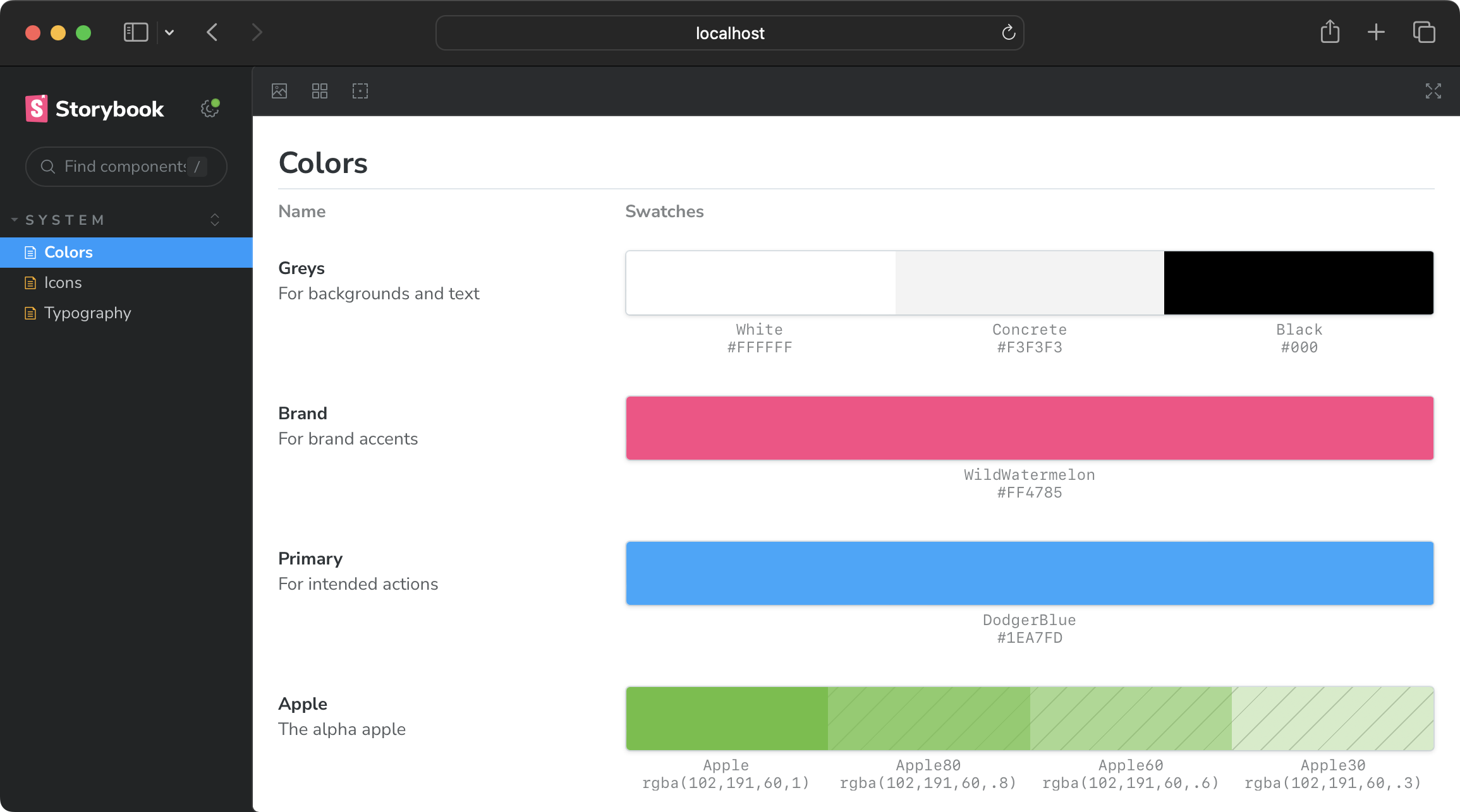 Storybook component library showing sample color-system documentation