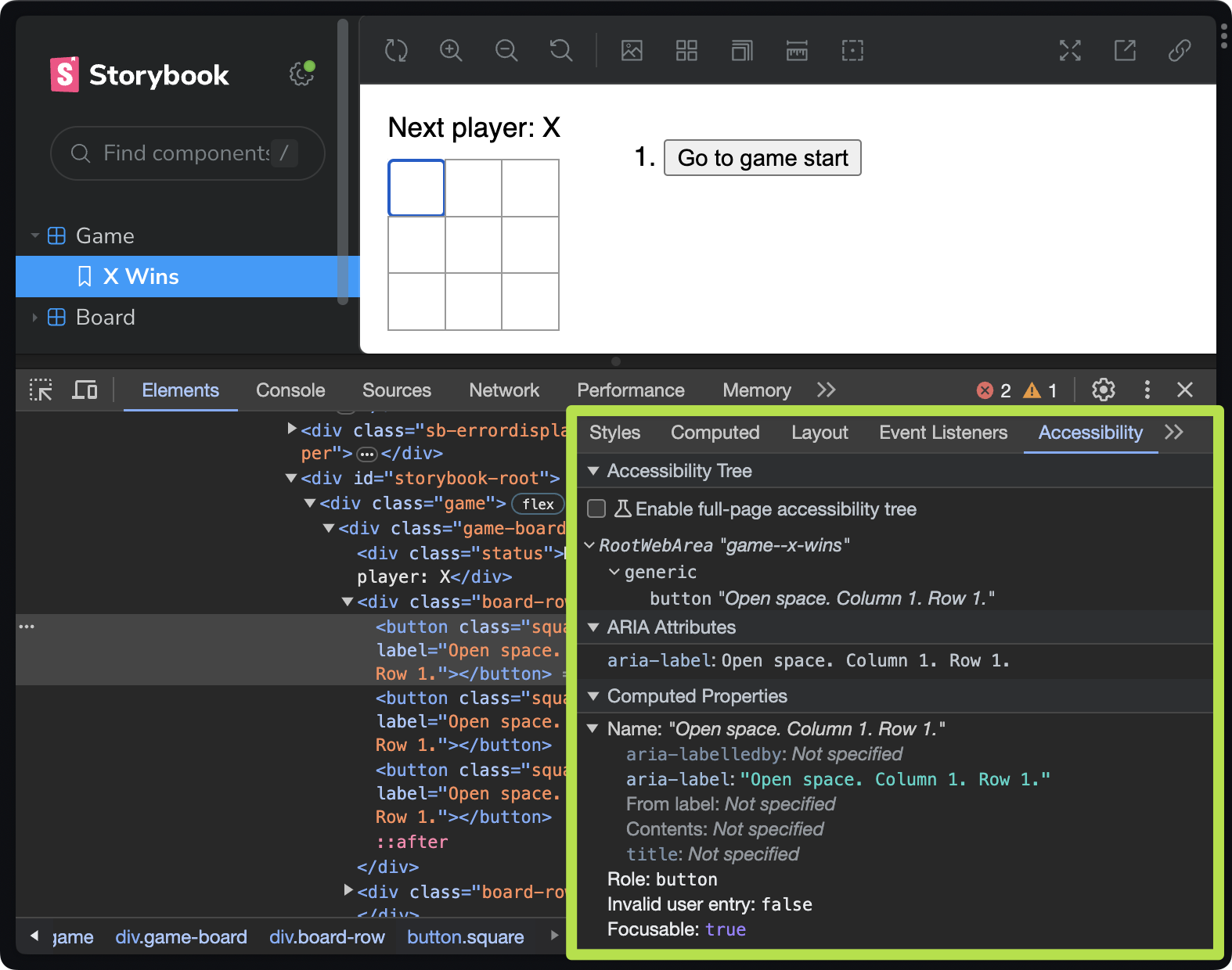 Storybook UI showing tic-tac-toe UI. The first square is selected. The highlighted area of Chrome Dev Tools shows new accessibility information: "Open space. Column 1. Row 1".