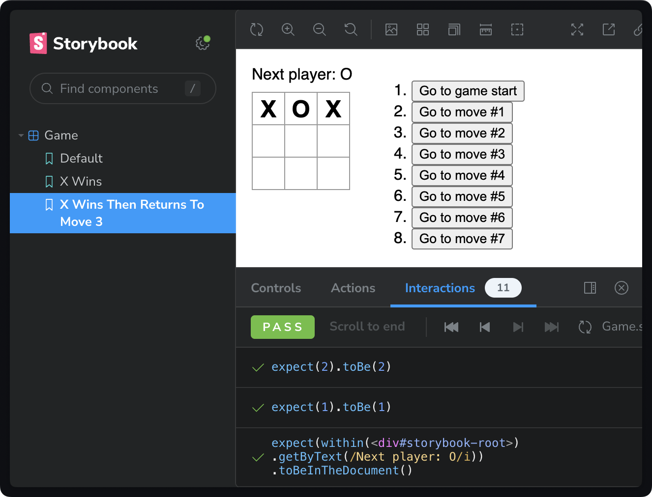 Storybook UI showing tic-tac-toe game state. The board has been played to an X victory then moved back to recorded move #3. There are a total of 11 interaction events in the Storybook Interactions panel, composing the entire XWins state with the 4 additional actions to go back to move 3 and assert the new state.
