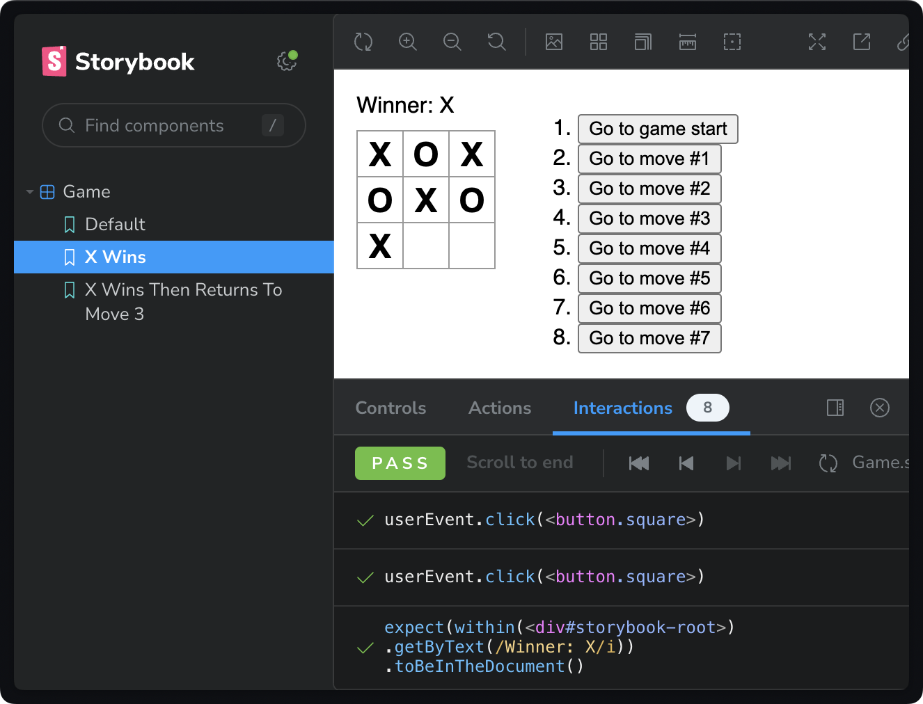 Storybook UI showing tic-tac-toe game, played to an X victory. In the Storybook Interactions panel we see 7 click events and 1 jest expectation, all passing.