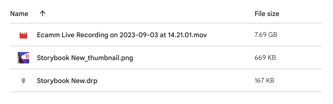 Google Drive directory contents: sample-video.mov, sample-davinci-project-file.drp, sample-video_thumbnail.png