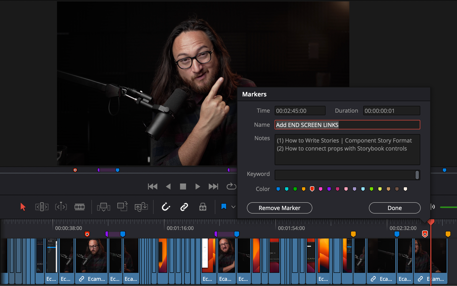 Timeline showing markers. A marker is expanded describing which end-screen videos to include. In the Notes section are titles for two videos.