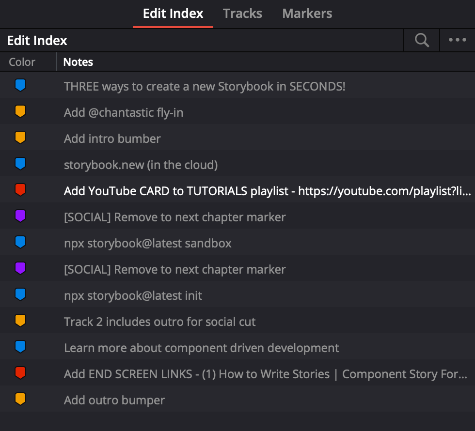 Edit Index panel in DaVinci Resolve's Edit page. Shown are blue, orange-yellow, red, and purple markers illustrating the types of notes detailed above.