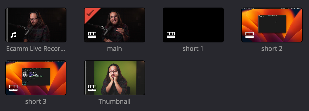 Media pool showing one source video and five timelines: main, short 1, short 2, short 3, and thumbnail